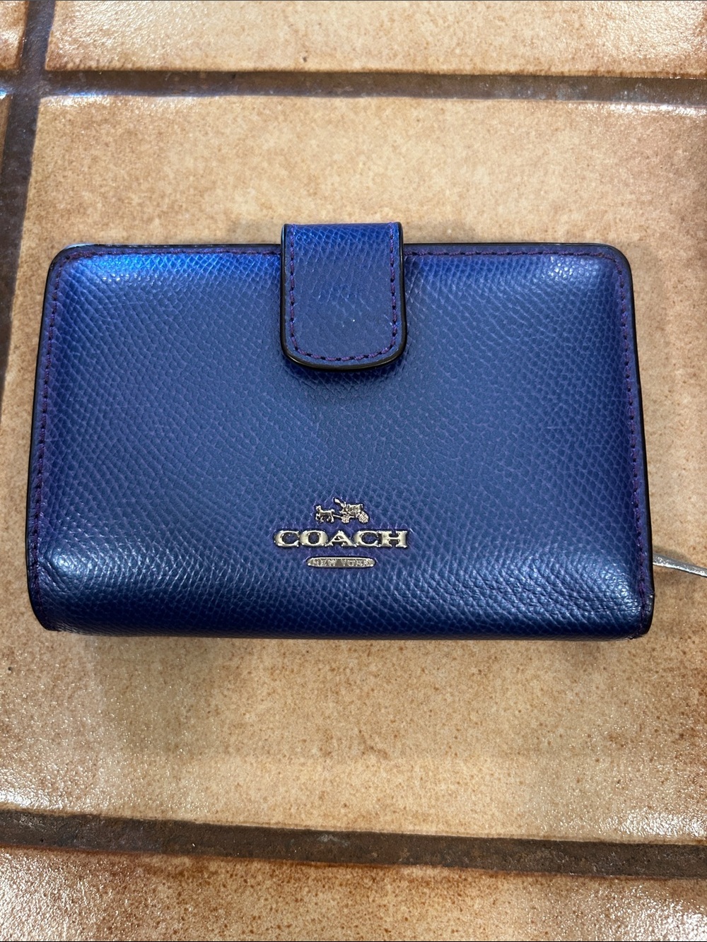 Coach Navy Blue Pebbled Leather Snap Wallet with Gold Logo